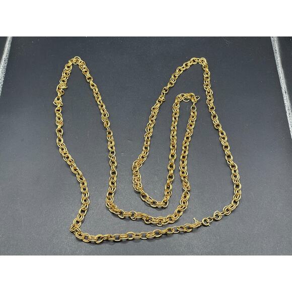 Vintage Crown Trifari Gold Tone Double Chain Linked Long Statement Necklace - Picture 1 of 8